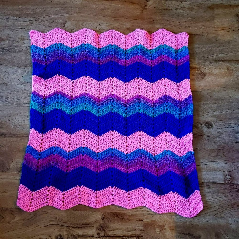Vintage Chevron Stripe Crochet Baby Blanket, Barbiecore Afghan Throw Pink Purple